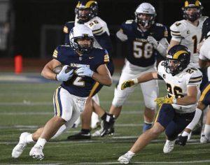 Norwin running back Giovanni Rothrauff cuts up on Mt. Lebanon’s Sam McAuley on Oct. 24, 2025 at Norwin Knights Stadium.