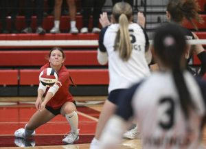 Avonworth’s Juliana Geist receives a serve from Hopewell during the WPIAL Class 2A volleyball championship Saturday at Peters Township High School.