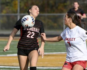 Springdale’s Tessa Derringer works against Sewickley Academy’s Emilia Carrabba during their PIAA Class A state quarterfinal on Saturday, Nov. 8, 2025, at North Allegheny.