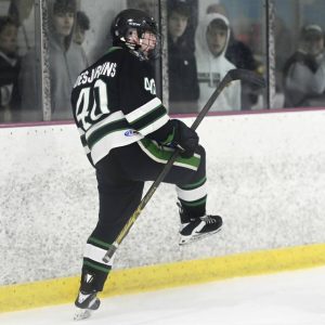 Pine-Richland’s Michael Desjardins celebrates after scoring against Franklin Regional on Monday, Nov. 10, 2025, Palmer Imaging Arena in Delmont.