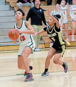 Yough’s Jaidyn Vay looks to the basket as Highlands’ Asira Hayden defends during a a WPIAL Class 4A preliminary round playoff game last season.
