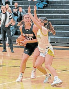 Latrobe’s Maggie Maiers works against Thomas Jefferson’s Kaylee DeAngelo (right) during a WPIAL Class 5A first-round playoff game last season.