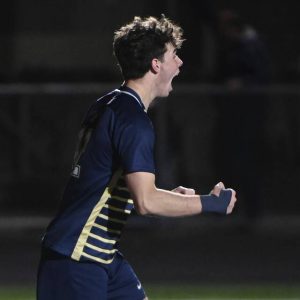 Franklin Regional’s Cruise Lamanna celebrates after scoring in double overtime during the Panthers’ WPIAL Class 3A quarterfinal against Chartiers Valley on Oct. 22.