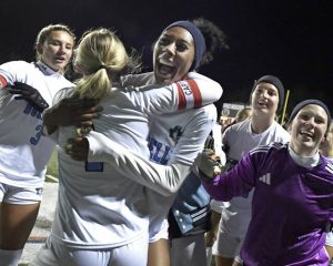 Burrell’s Makiah Buchak celebrates with teammates after defeating Freeport, 2-1, in their PIAA Class 2A state semifinal on Tuesday, Nov. 11, 2025, at Fox Chapel.