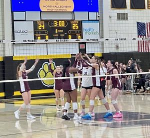 Oakland Catholic players celebrate a set point during their PIAA Class 3A semifinal matchup with Beaver on Tuesday, Nov. 11, 2025.