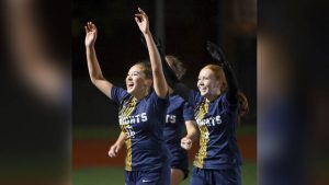 Norwin’s Leesia Phetsomphou (left) celebrates with Neeve Graham after scoring with 46 seconds remaining in double overtime in their WPIAL Class 4A quarterfinal against Mt. Lebanon on Thursday, Oct. 23, 2025, at Norwin.