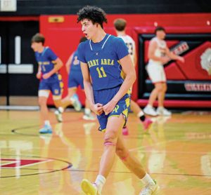 Derry’s Stanley Rajkovich celebrates a basket against Elizabeth Forward last season.