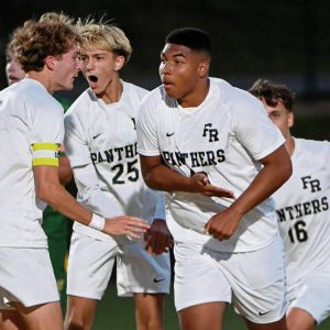 Franklin Regional’s Thomas Bridges celebrates with teammates after scoring against Penn-Trafford on Tuesday, Aug. 26, 2025, in Harrison City.