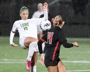 South Fayette’s Mia Deramo moves the ball upfield in the rain against Fox Chapel during the WPIAL Class 3A championship game on Oct. 29, 2025, at Highmark Stadium.