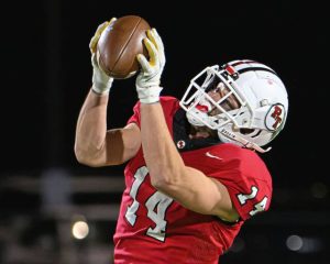 Peters Township's Reston Lehman hauls in a long pass against Upper St. Clair on Friday, Nov. 14, 2025, at Canon-McMillan.