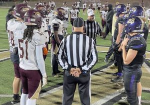 Captains for Steel Valley and Western Beaver meet at midfield before their WPIAL Class 2A semifinal Friday, Nov. 14, 2025.