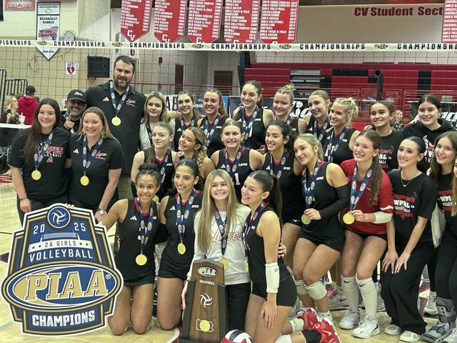 Avonworth celebrates after winning the 2025 PIAA Class 2A girls volleyball title Nov. 15, 2025, at Cumberland Valley.