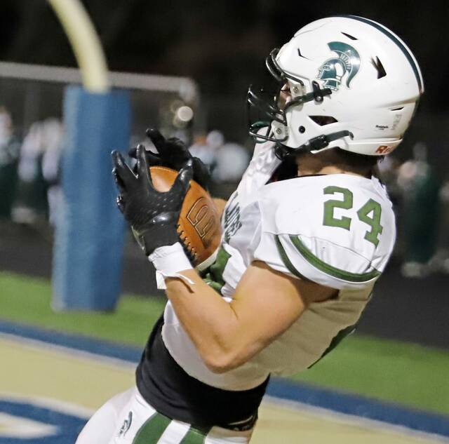Laurel’s Kolton Carlson hauls in a 30-yard touchdown pass from Luca Santini during a WPIAL Class A semifinal against Fort Cherry on Friday, Nov. 14, 2025 at Hopewell’s Tony Dorsett Stadium.