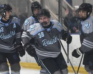 Seneca Valley’s Jacob Gilbert (38) celebrates with teammates after scoring against Fox Chapel during their game on Monday, Nov. 17, 2025, at Baierl Ice Center in Marshall.