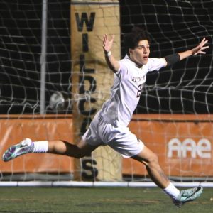 Bethel Park’s Xavier Jackson celebrates after scoring in double overtime to defeat Latrobe in the 2024 WPIAL Class 3A quarterfinals.