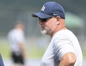 Franklin Regional coach Lance Getsy looks on during WCCA 7-on-7 competition in July.
