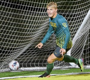Deer Lakes’ Collin Rodgers celebrates after scoring against Shady Side Academy on Thursday, Aug. 28, 2025, in West Deer.