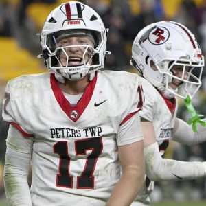 Peters Township quarterback Nolan DiLucia celebrates as time expires in the WPIAL Class 5A championship game against Pine-Richland on Saturday, Nov. 22, 2025, at Acrisure Stadium.