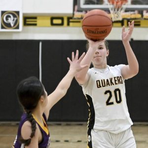 Quaker Valley’s Anna Campbell takes a shot against OLSH on Thursday, Jan. 23, 2025, in Leetsdale.