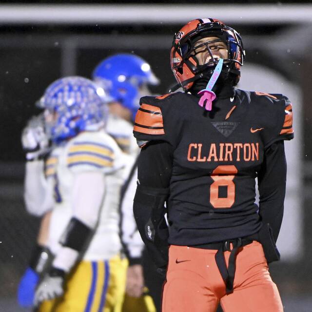 Clairton’s Brandon Murphy celebrates after scoring against Greenville during their PIAA Class A state semifinal on Friday, Nov. 28, 2025, at Helling Stadium in Ellwood City.