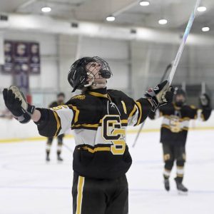 Greensburg Salem’s Jake Fink celebrates after scoring against Plum on Monday, Nov. 24, 2025, at Pittsburgh Ice Arena.