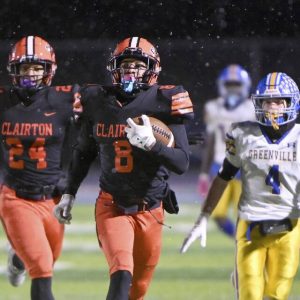 Clairton’s Brandon Murphy returns a punt for a touchdown against Greenville during their PIAA Class A state semifinal on Friday, Nov. 28, 2025, at Helling Stadium in Ellwood City.