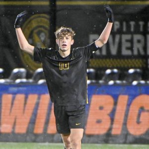 Bentworth’s Ryan Moessner celebrates as time expires in the WPIAL Class A boys championship game against OLSH on Thursday, Oct. 30, 2025, at Highmark Stadium.