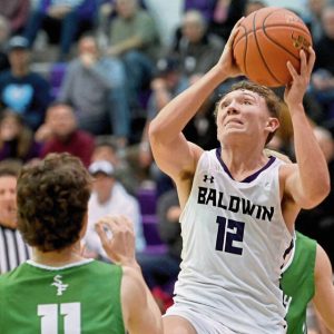 Baldwin’s Max Marzina drives to the basket against South Fayette on Tuesday, Jan. 28, 2025, at Baldwin.