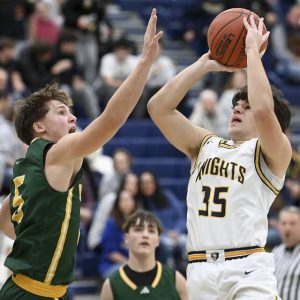 Norwin’s Mario Csukas scores against Penn-Trafford’s Trent Brown on Tuesday at Norwin. (Christopher Horner | TribLive)