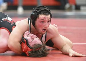 Peters’ Kaleb Lira pins Fox Chapel’s Torrin Gniewkowski Wednesday. (Chaz Palla | TribLive)