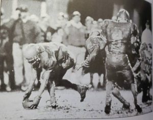 Mud-caked Jason Gregg picked up a New Brighton fumble and raced 61 yards for the decisive touchdown as Burrell upset the then-defending champion Lions, 14-8, in a WPIAL Class 2A semifinal at Baldwin’s Cibik Stadium on Nov. 17, 1995. The Bucs’ win was dubbed the “Miracle in the Mud.” (Louis B. Ruediger | TribLive)
