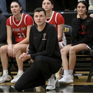 Coach Steve Limberiou and the Peters Township girls basketball team will host North Allegheny on Monday. (Christopher Horner | TribLive)