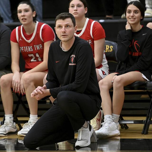 Coach Steve Limberiou and the Peters Township girls basketball team will host North Allegheny on Monday. (Christopher Horner | TribLive)