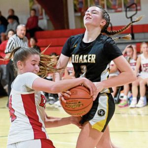 Eden Christian Academy’s Emmie Smith defends on Quaker Valley’s Keira Watson during a game last season. (Christopher Horner | TribLive)