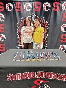 Southmoreland seniors Allison Stinnett (left) and Megan Mehall are headed to Division I colleges, Stinnett to Bowling Green for swimming and Mehall to West Virginia for track and field. (Submitted)