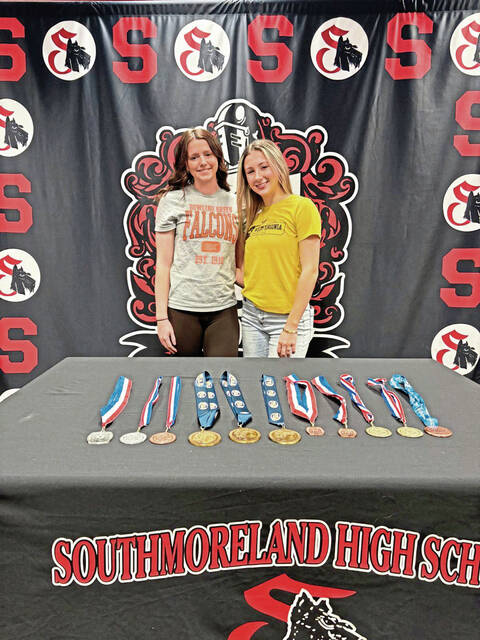 Southmoreland seniors Allison Stinnett (left) and Megan Mehall are headed to Division I colleges, Stinnett to Bowling Green for swimming, and Mehall to West Virginia for track & field. (Submitted)
