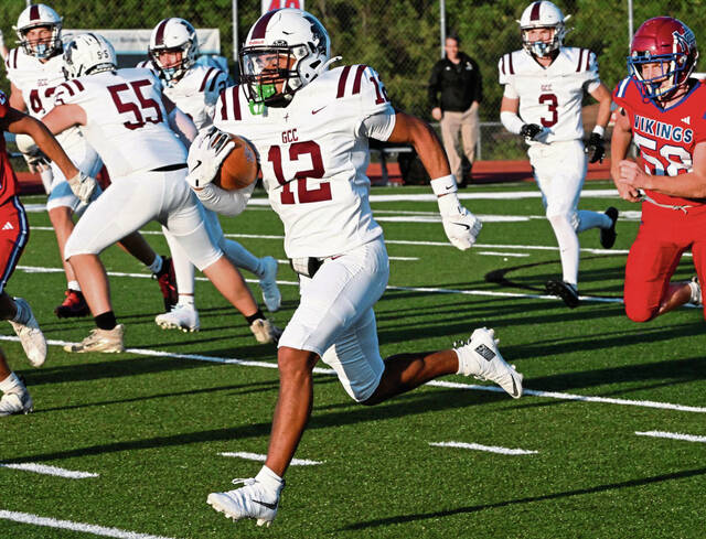 Greensburg Central Catholic’ Samir Crosby returns a punt against Mt. Pleasant on Aug. 29, 2025 at Mt. Pleasant Area High School. (Chaz Palla | TribLive)