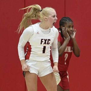 Fox Chapel’s Lyla Jablon celebrates after defeating Penn Hills, 45-44, on Friday, Dec. 12, 2025, at Fox Chapel. (Christopher Horner | TribLive)
