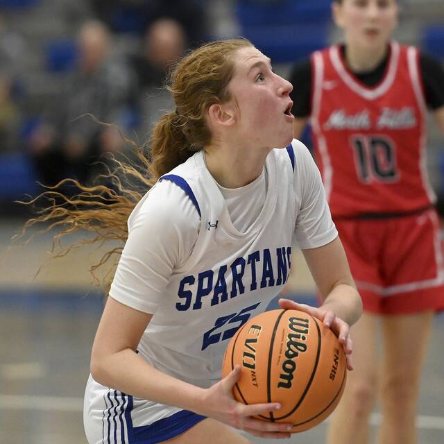 Hempfield’s Gabby Coccia scores against North Hills on Thursday, Dec. 11, 2025, at Hempfield. (Christopher Horner | TribLive)