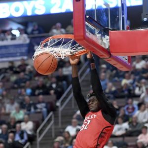 Sewickley Academy’s Adam Ikamba dunks against Linville Hill during the PIAA Class 2A championship game March 28 at Giant Center in Hershey. (Christopher Horner | TribLive)