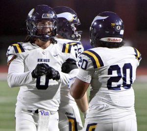 Central Catholic’s Roman Thompson celebrates with Manny Regus after scoring against Harrisburg during their PIAA Class 6A state semifinal on Saturday, Nov. 29, 2025, at Mansion Park in Altoona. (Christopher Horner | TribLive)