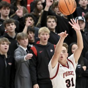 Fox Chapel’s Grant Fenton shoots a 3-pointer against Seneca Valley on Friday. (Christopher Horner | TribLive)