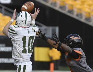 Laurel’s Jack Miles pulls in a pass in the WPIAL A football championship Nov. 22, 2025 at Acrisure Stadium. (Chaz Palla | TribLive)