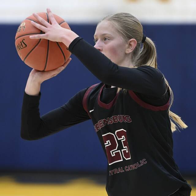 Greensburg Central Catholics Erica Gribble shoots a 3-pointer against Shady Side Academy last season. (Christopher Horner | TribLive)