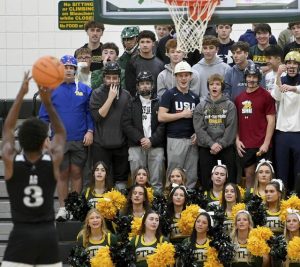 The Penn-Trafford student section watches as Albert Gallatin’s Mekhi Belt shoots a free throw on Tuesday, Dec. 16, 2025, at Penn-Trafford. (Christopher Horner | TribLive)