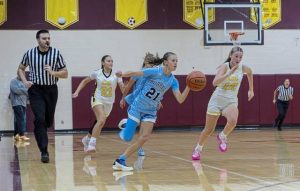 Burrells Chase Coury brings the ball upcourt against California during a Dec. 4 game. (Floyd Kish | Mon Valley Independent)