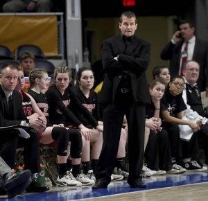 Southmoreland coach Brian Pritts watches from the bench during the fourth quarter of the WPIAL Class 4A championship game against North Catholic on Feb. 28, 2020, at Petersen Events Center. (Christopher Horner | TribLive)