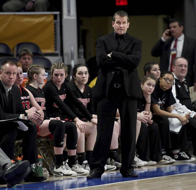 Southmoreland coach Brian Pritts watches from the bench during the fourth quarter of the WPIAL Class 4A championship game against North Catholic on Feb. 28, 2020, at Petersen Events Center. (Christopher Horner | TribLive)