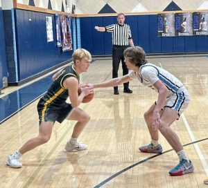Deer Lakes Collin Rodgers drives against Burrells Sam Conte on Friday. (Antonio Rossetti | For TribLive)