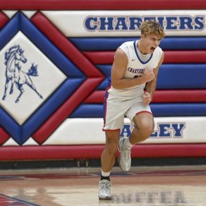 Chartiers Valley’s Julian Semplice celebrates after scoring against Moon on Friday, Dec. 19, 2025, at CV. (Christopher Horner | TribLive)